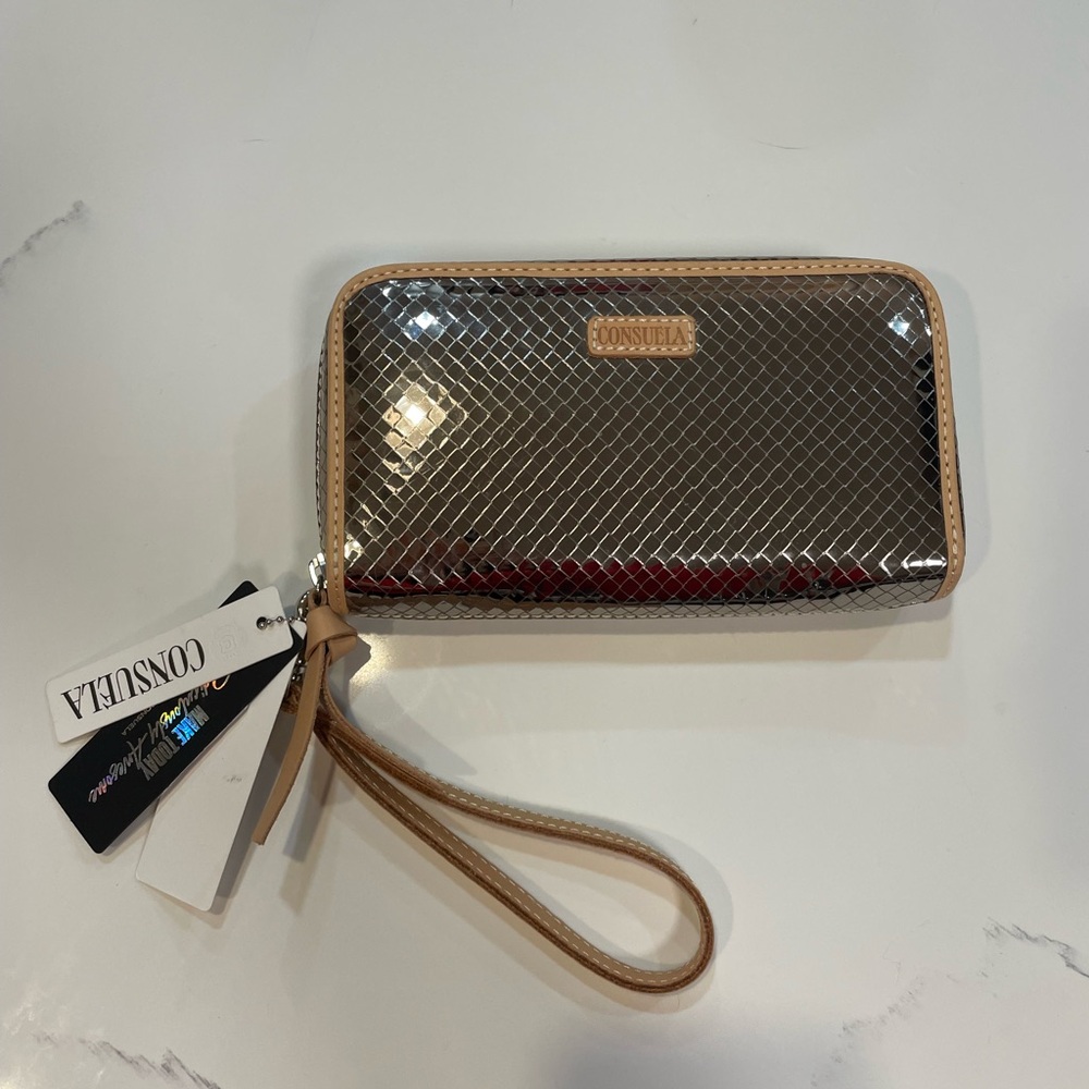 Consuela Shimmering Silver Wristlet with Tan Trim